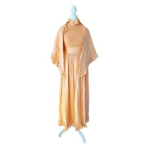 Vintage 1970s Milgrim Smocked Halter Orange Maxi Dress With Matching Shawl